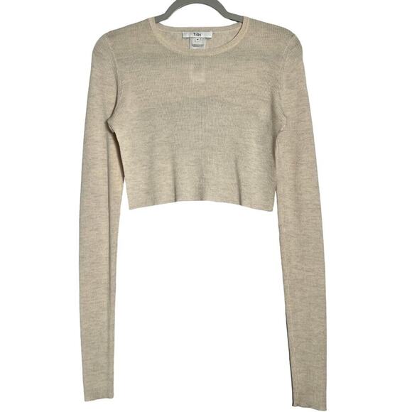 TIBI Merino Wool Cropped Sweater SIZE M Cream Beige Long Sleeve Crew Neck - Picture 1 of 10